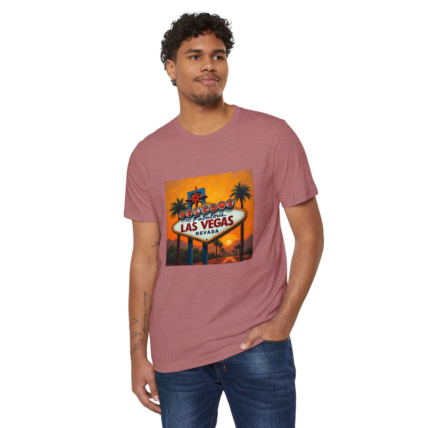 Colorful Welcome to Las Vegas Sign Sunset ~ Organic T-Shirt for Travel Lovers