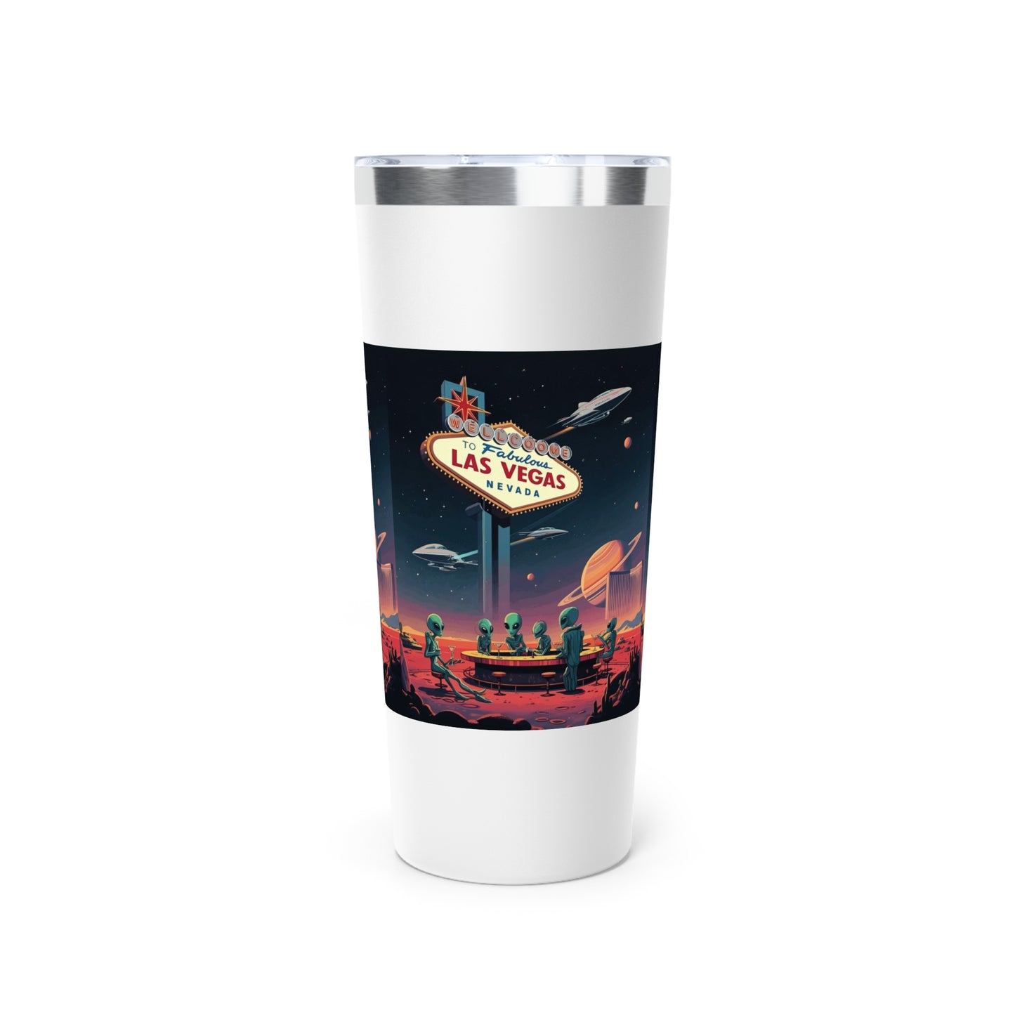 Aliens Hanging at the Welcome to Las Vegas Sign Travel Mug a MUST HAVE for your next Trip To Vegas! 22oz Copper Insulated Travel Mug