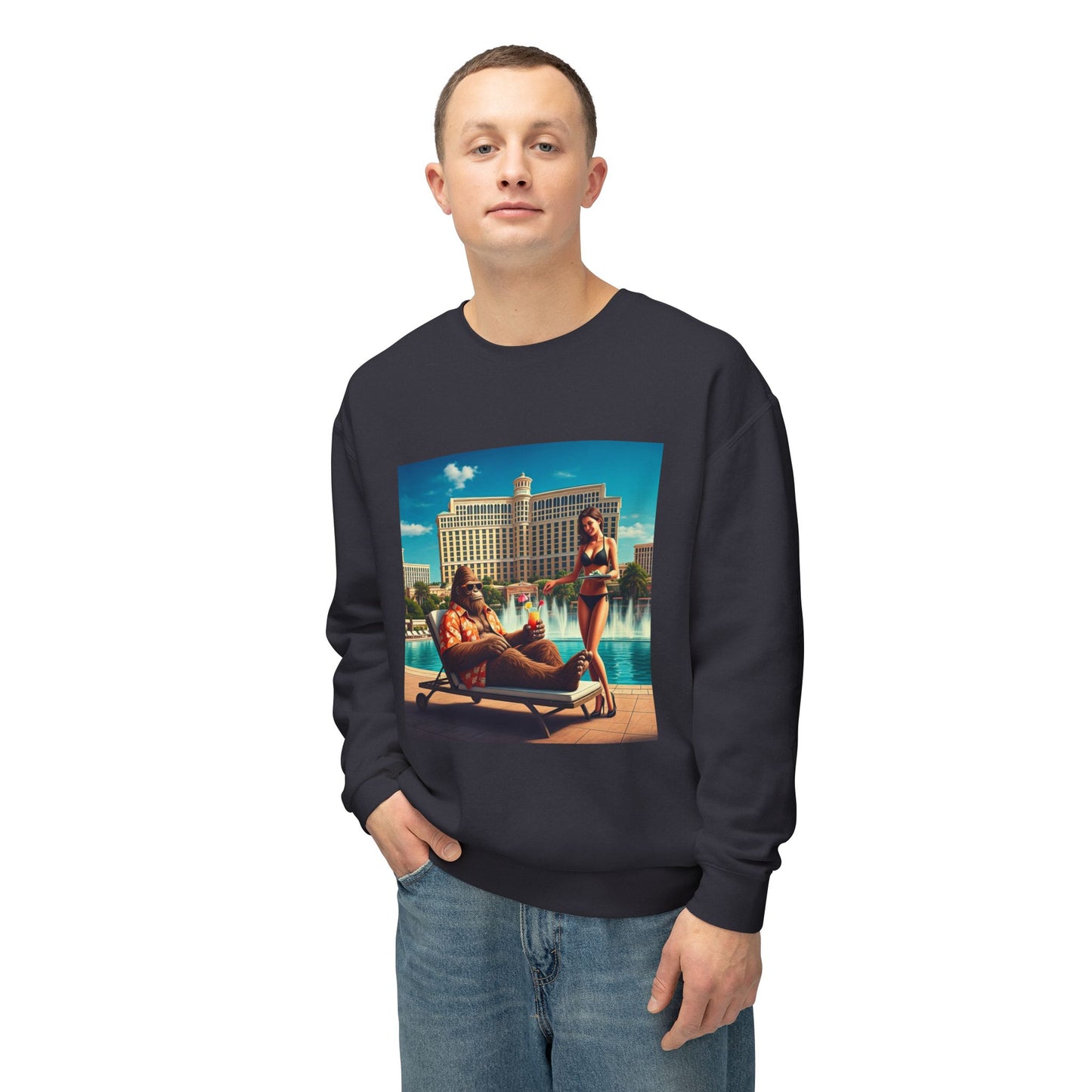 Sasquatch Chillin with a cocktail by a Resort Pool in Las Vegas ~ Uni Sex Crew Neck Sweat Shirt