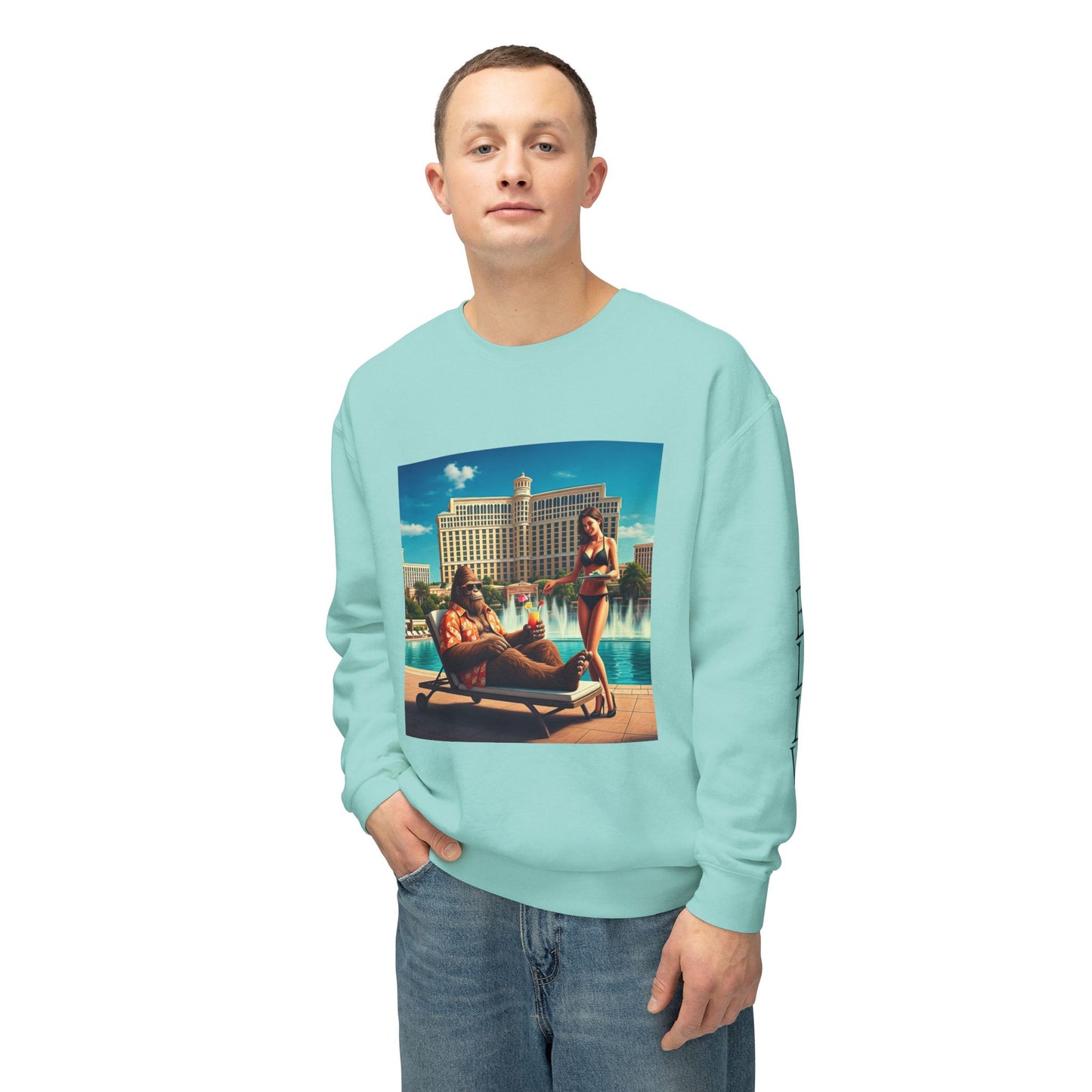 Sasquatch Chillin with a cocktail by a Resort Pool in Las Vegas ~ Uni Sex Crew Neck Sweat Shirt