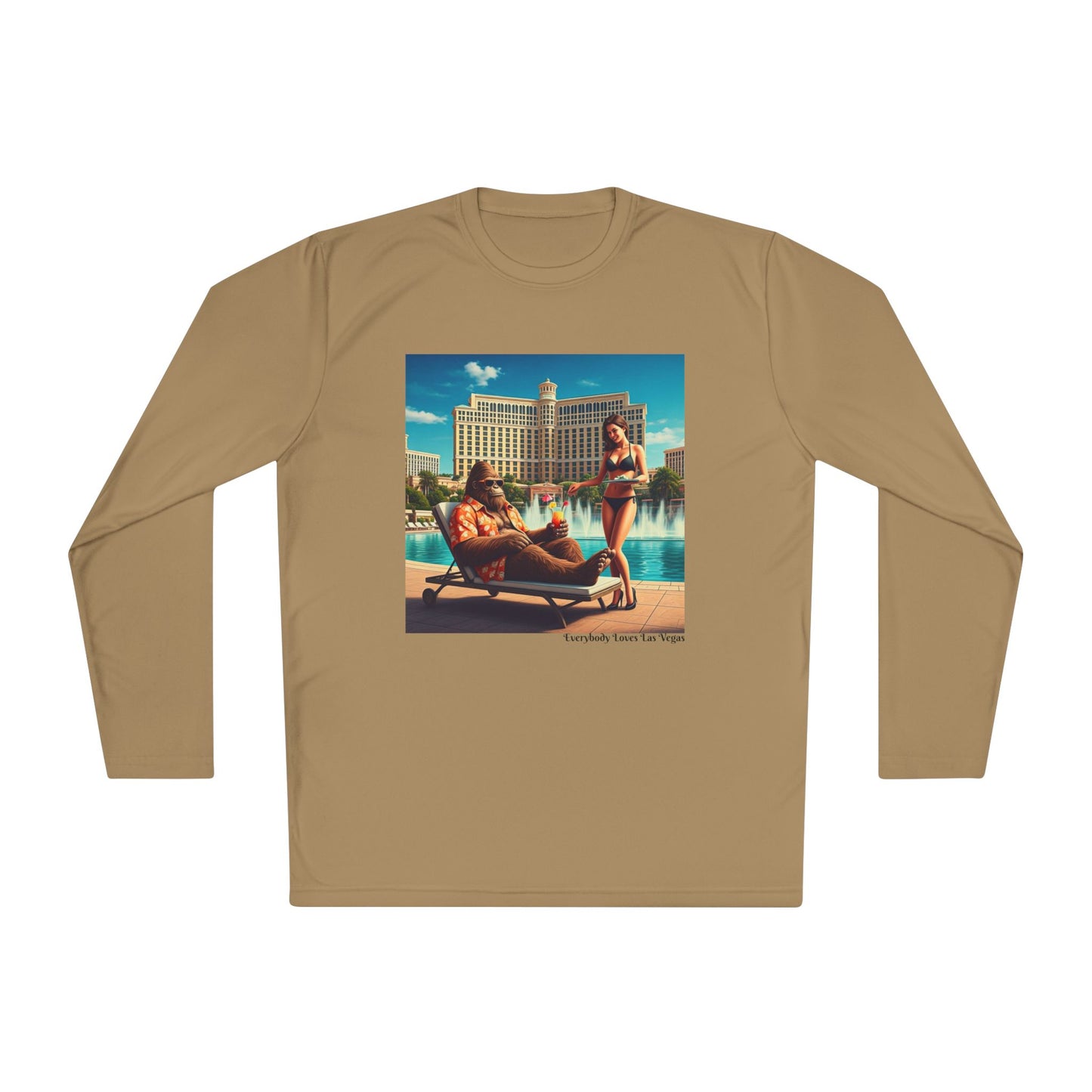 Sasquatch at a Las Vegas Resort Pool with a Cocktail and Bikini Clad waitress ~ Long Sleeve Sport Shirt