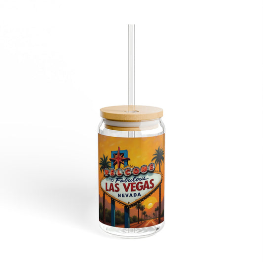 Welcome to Las Vegas Colorful Sunset 16oz Sipper Glass with Bamboo Lid & Straw a MUST HAVE for your next Trip To Vegas!