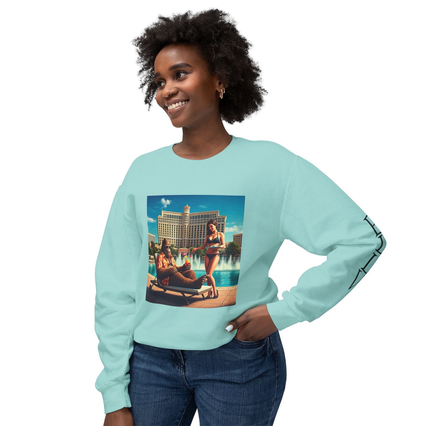 Sasquatch Chillin with a cocktail by a Resort Pool in Las Vegas ~ Uni Sex Crew Neck Sweat Shirt