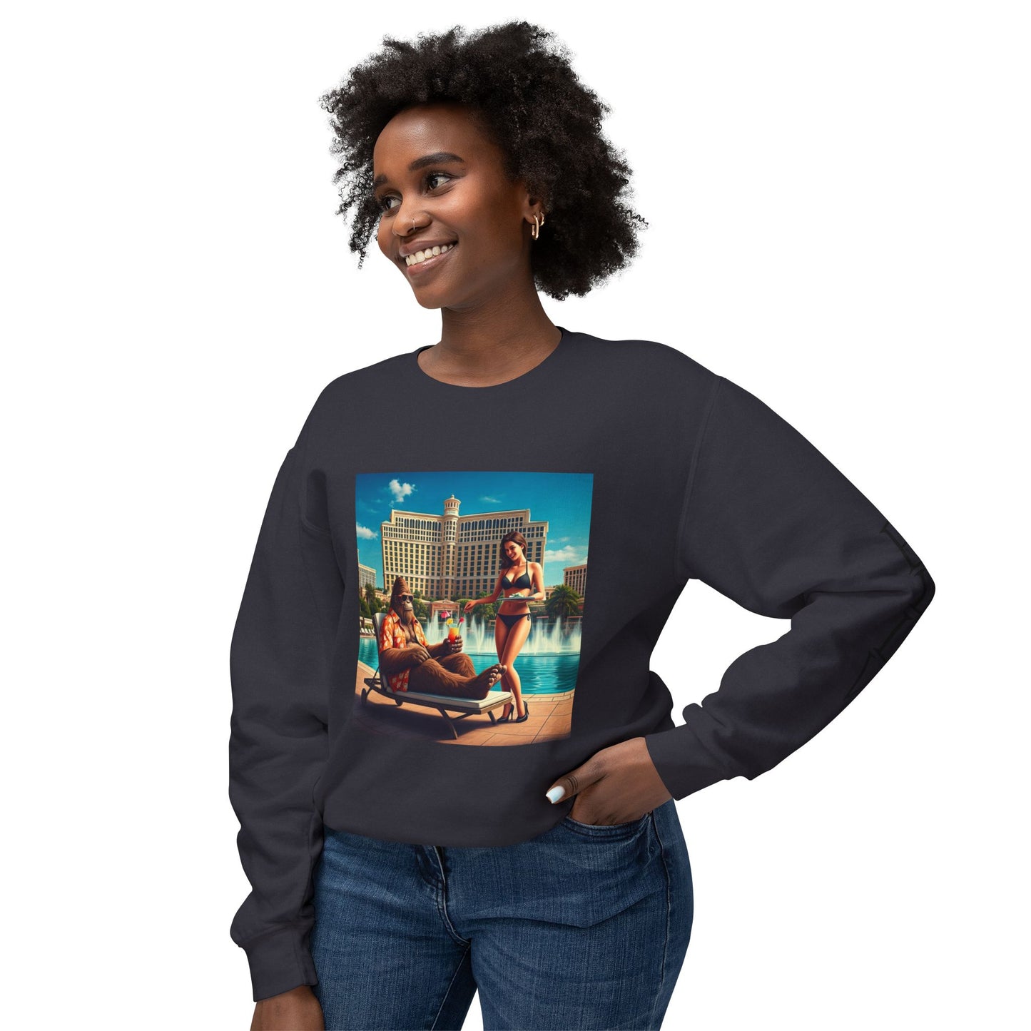 Sasquatch Chillin with a cocktail by a Resort Pool in Las Vegas ~ Uni Sex Crew Neck Sweat Shirt